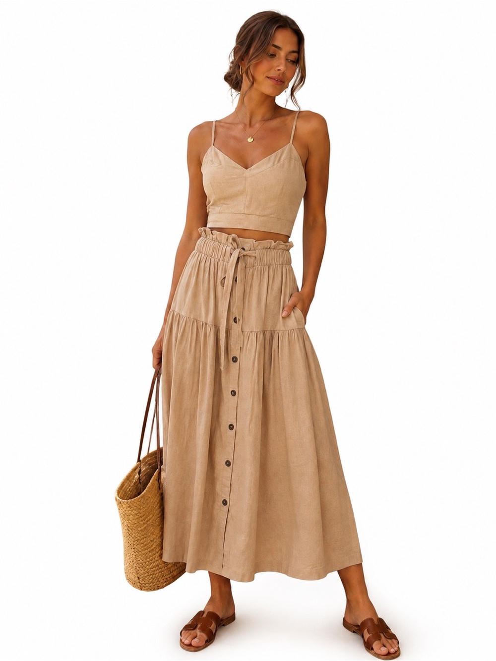 Universal Thread Linen Blend 2 Piece Set Crop Top Maxi Skirt Beige Sz Small Boho